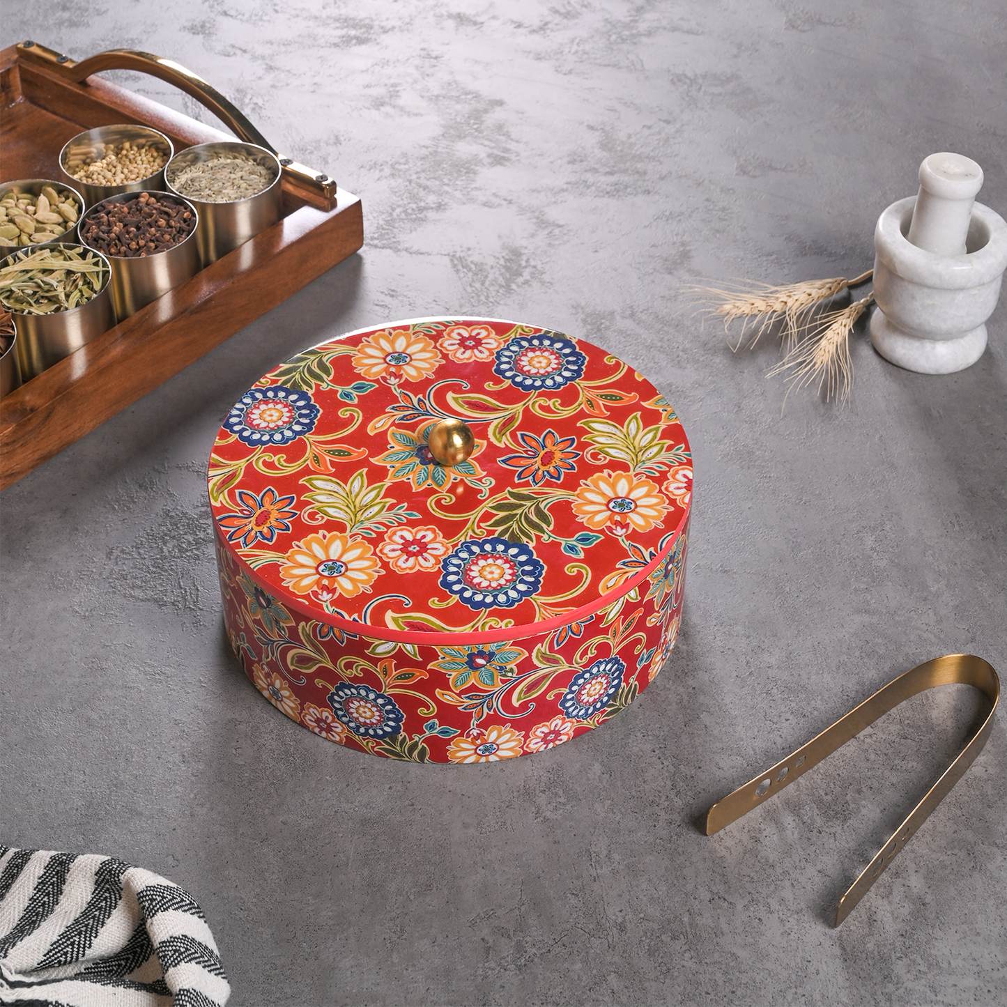 Greetwood Red Printed Wooden Chapati Box for Kitchen