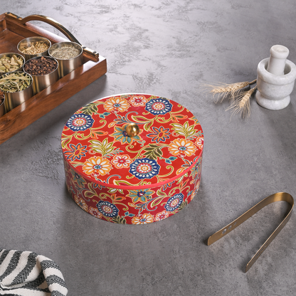Greetwood Red Printed Wooden Chapati Box for Kitchen