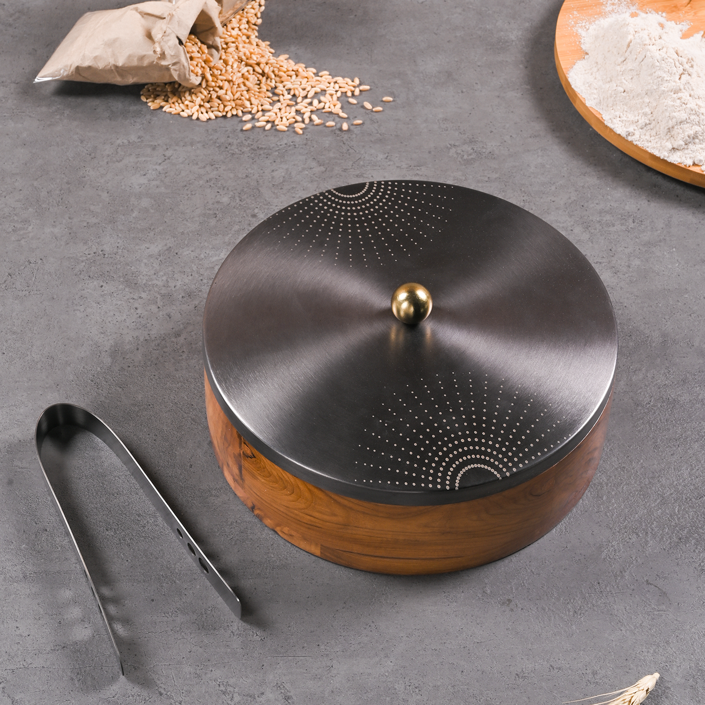 Greetwood GunMetal SunRays Wooden Chapati Box for Kitchen
