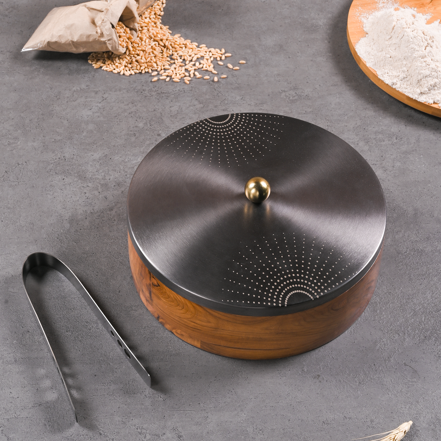 Greetwood GunMetal SunRays Wooden Chapati Box for Kitchen