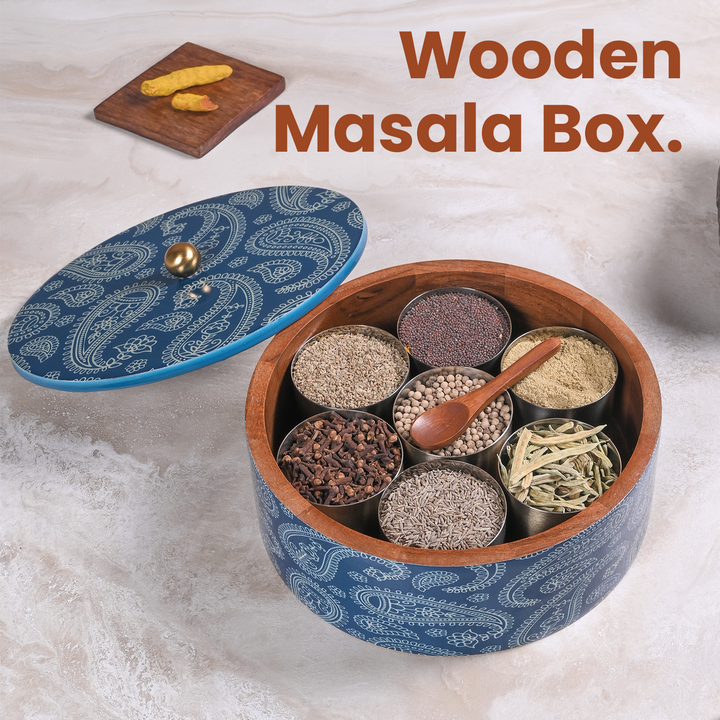Greetwood Blue Printed Wooden Masala Box for Kitchen