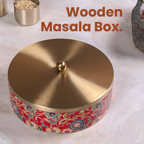 Greetwood Brass Lid Wooden Masala Box for Kitchen in Red Print