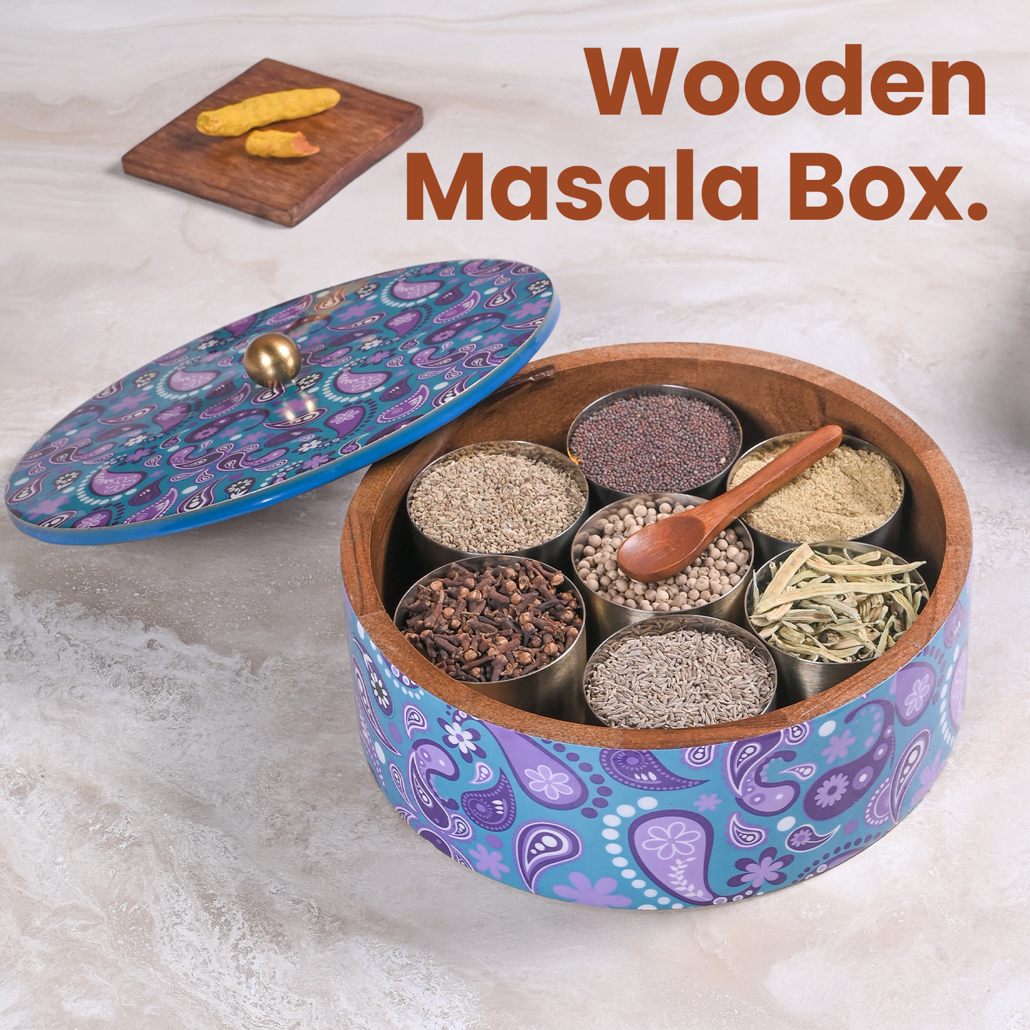 Greetwood Purple Printed Wooden Masala Box for Kitchen