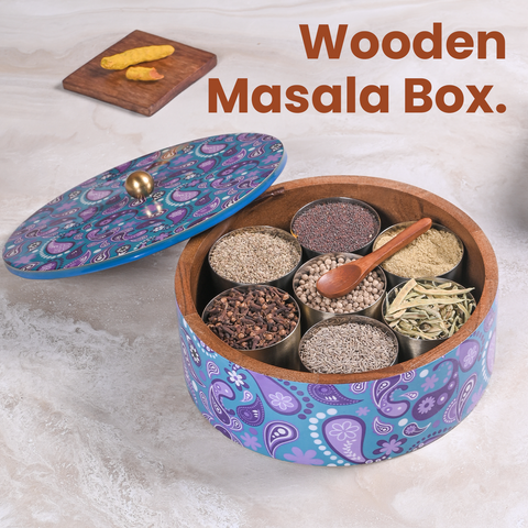 Greetwood Purple Printed Wooden Masala Box for Kitchen
