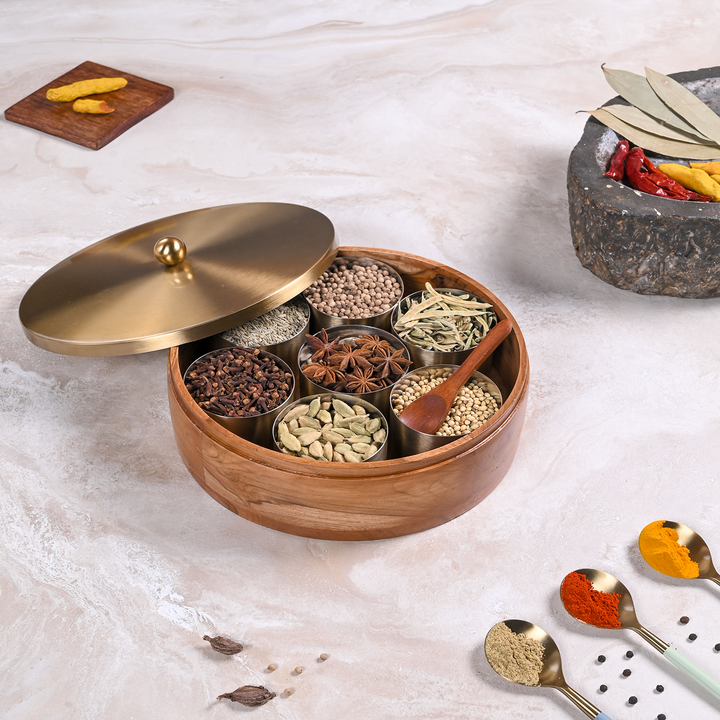 Greetwood Brass Lid Wooden Masala Box for Kitchen