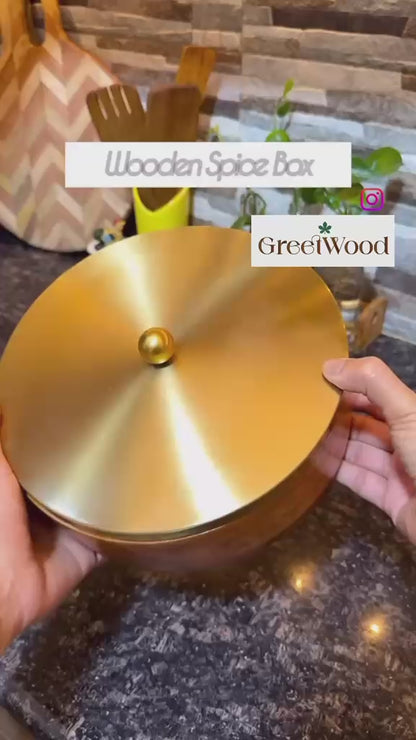 Greetwood Brass Lid Wooden Masala Box for Kitchen