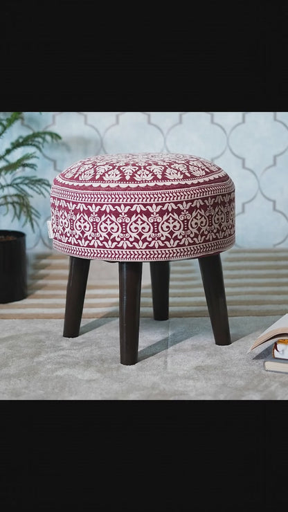 Contemporary Mandala Wooden Ottoman in Cherry Red Color