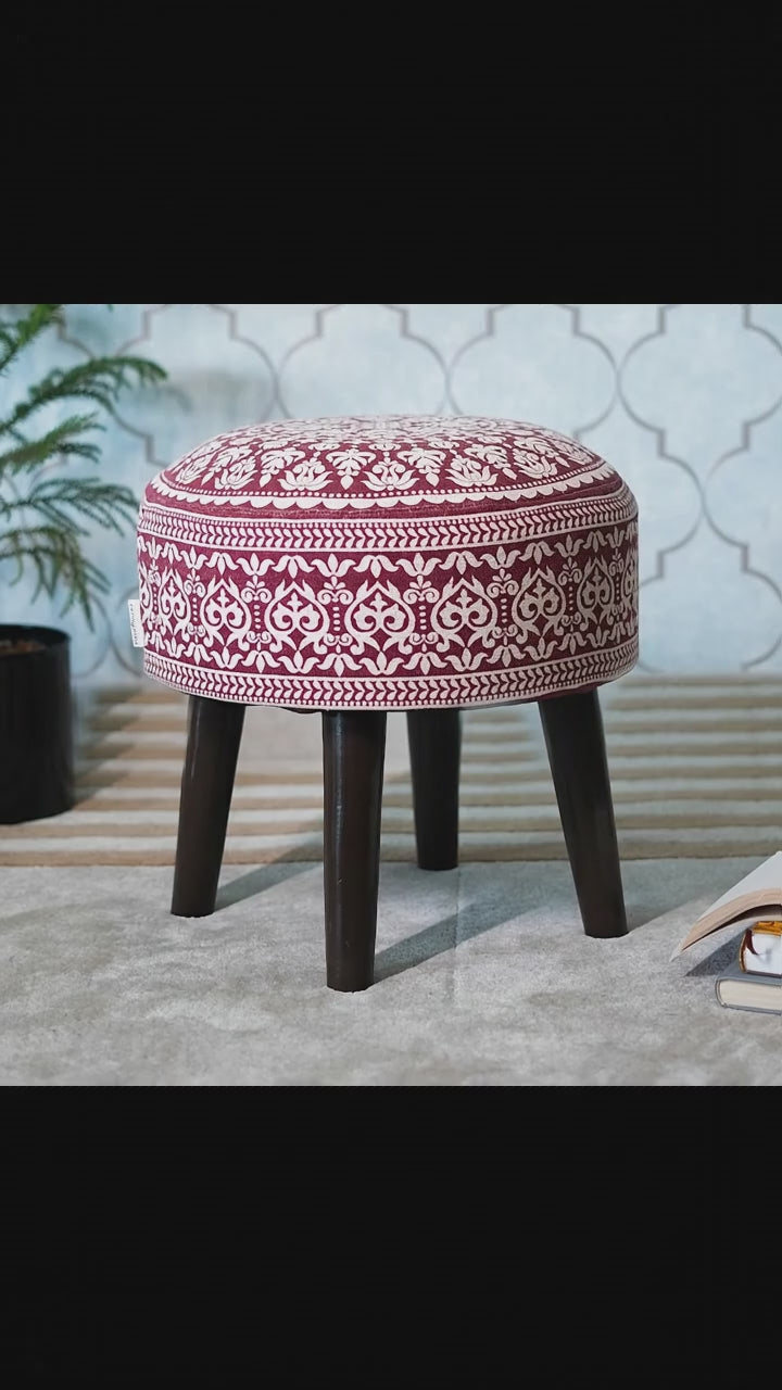 Contemporary Mandala Wooden Ottoman in Cherry Red Color